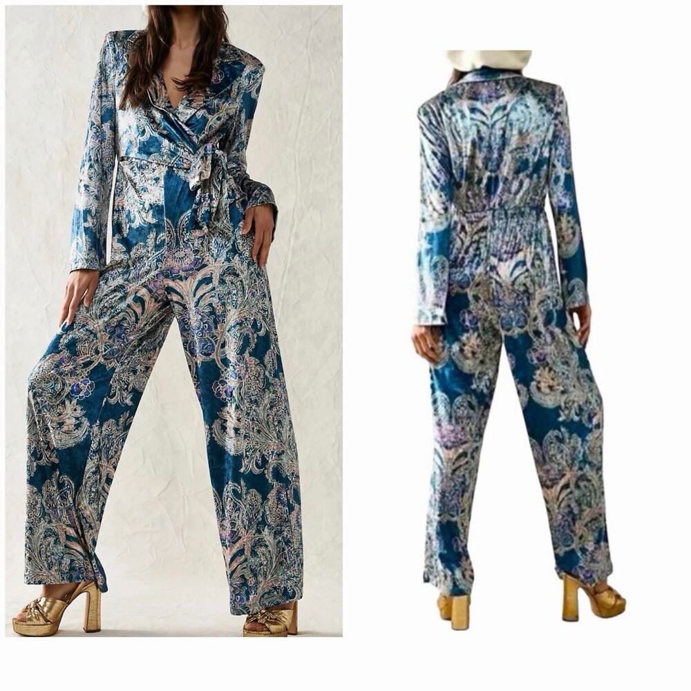 NEW Free People Velvet Paisley Jumpsuit S Boho Luxe Wide Leg Wrap Tie Front - Picture 5 of 13